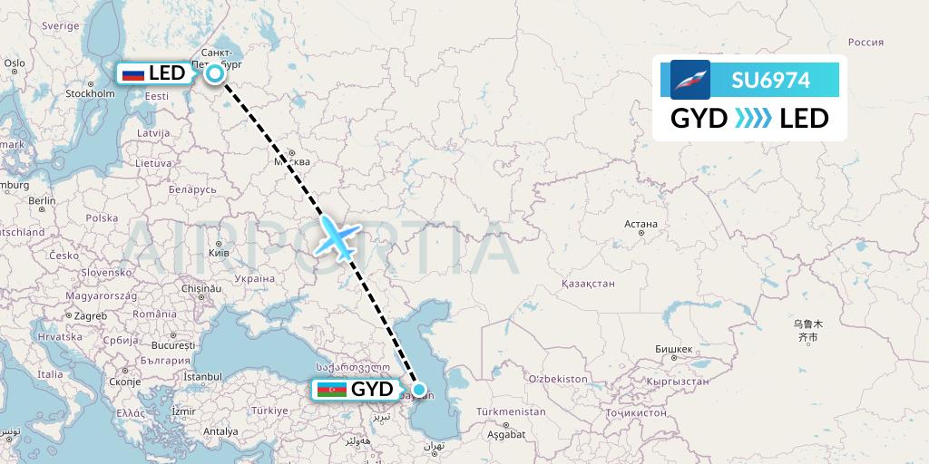 SU6974 Aeroflot Flight Map: Baku to St. Petersburg