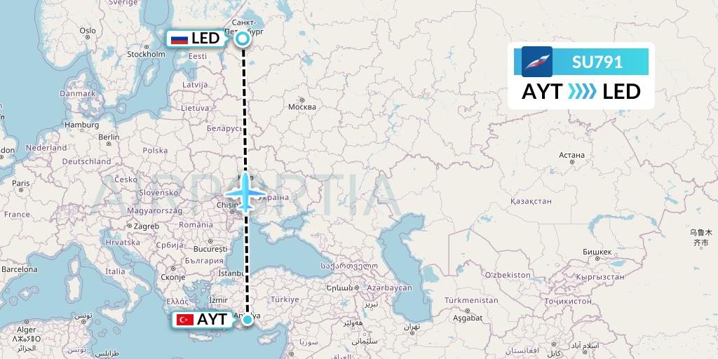 SU791 Aeroflot Flight Map: Antalya to St. Petersburg