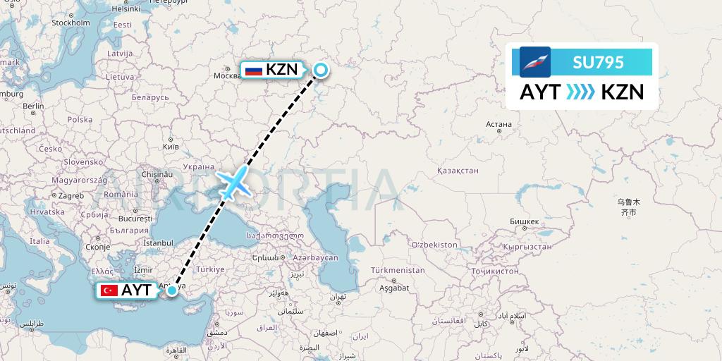 SU795 Aeroflot Flight Map: Antalya to Kazan