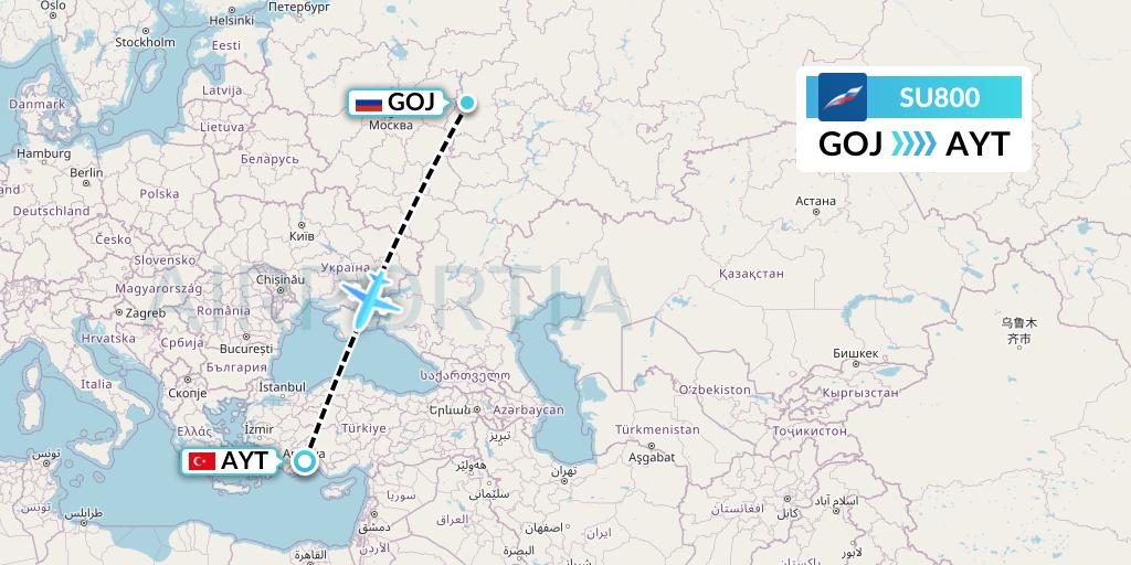 SU800 Aeroflot Flight Map: Nizhny Novgorod to Antalya