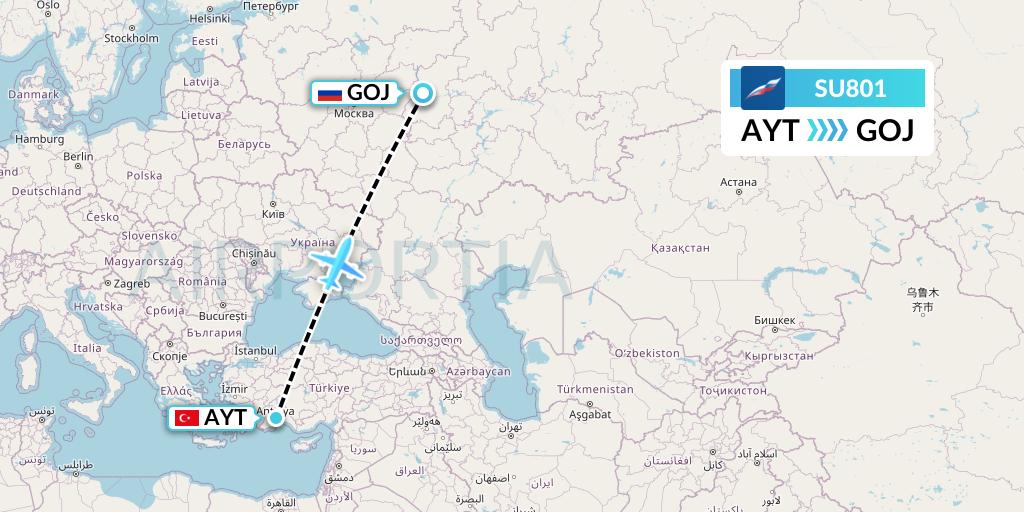 SU801 Aeroflot Flight Map: Antalya to Nizhny Novgorod