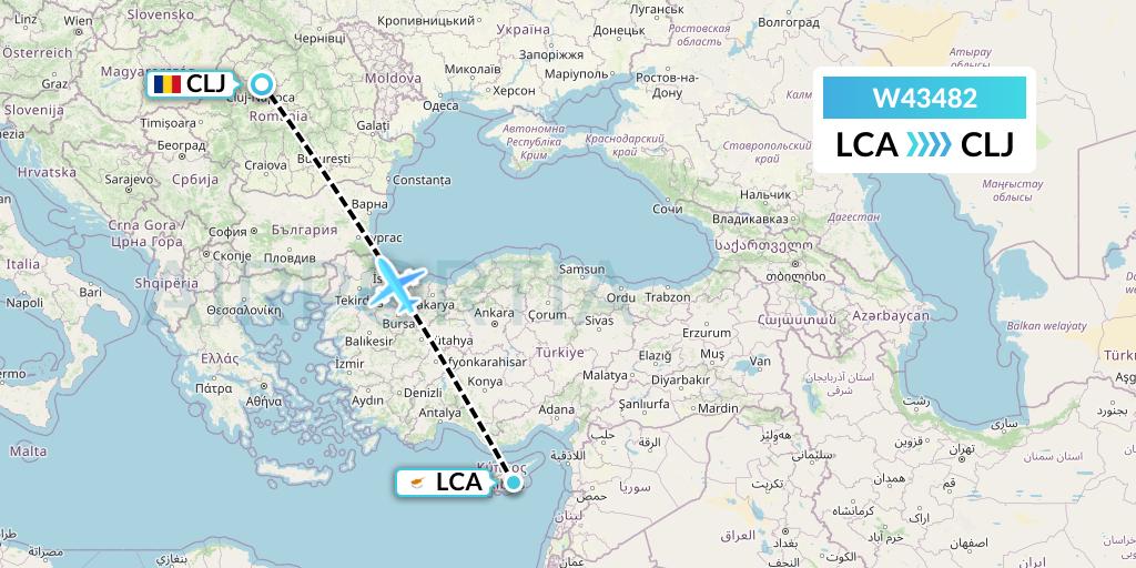 W43482 Wizz Air Malta Flight Map: Larnaca to Cluj-Napoca