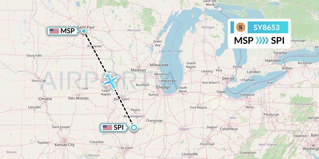SY8653 Sun Country Airlines Flight Map: Minneapolis to Springfield