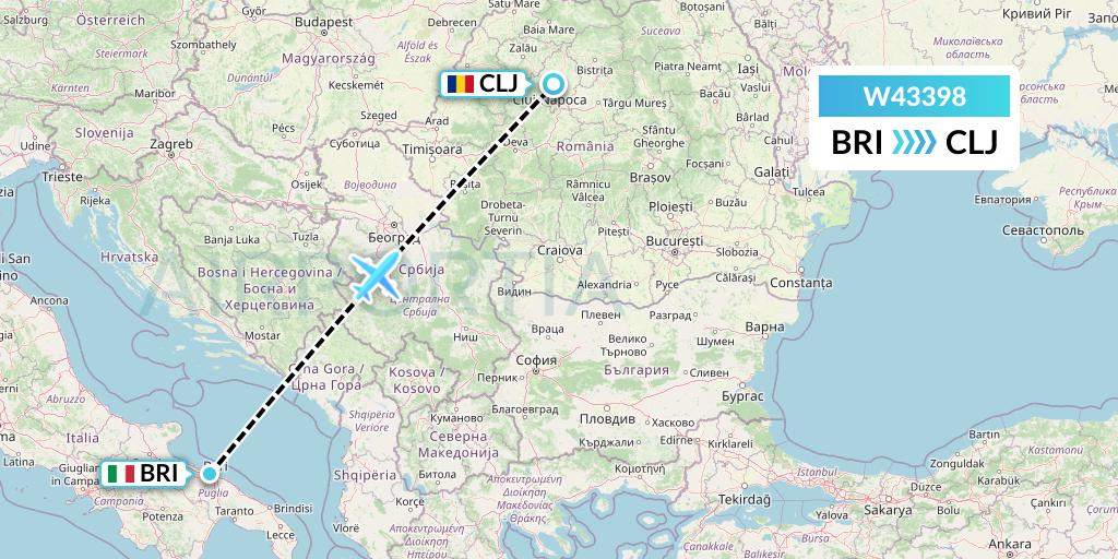 W43398 Wizz Air Malta Flight Map: Bari to Cluj-Napoca