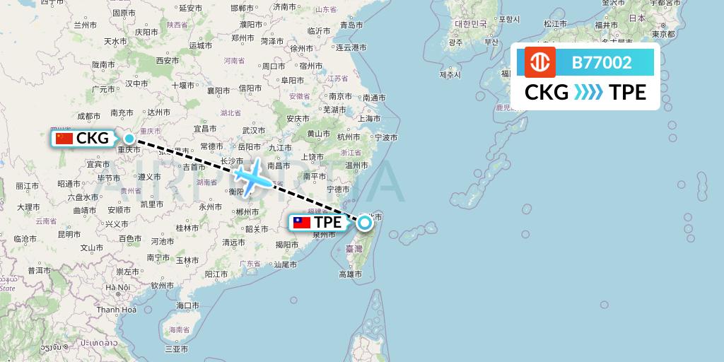 B77002 UNI Air Flight Map: Chongqing to Taipei