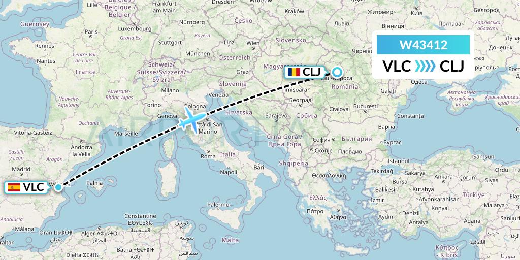 W43412 Wizz Air Malta Flight Map: Valencia to Cluj-Napoca