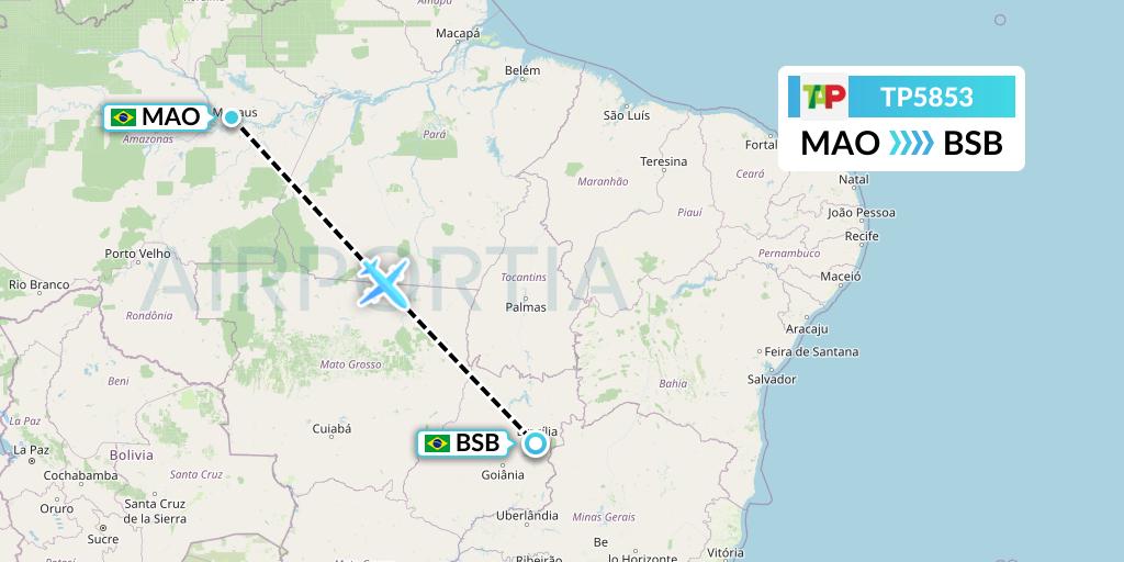 TP5853 TAP Portugal Flight Map: Manaus to Brasilia