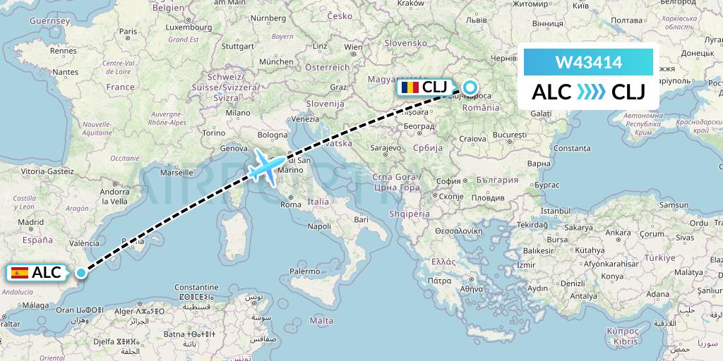 W43414 Wizz Air Malta Flight Map: Alicante to Cluj-Napoca