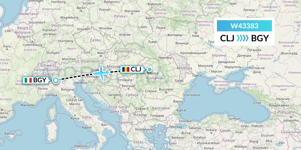 W43383 Wizz Air Malta Flight Map: Cluj-Napoca to Milan