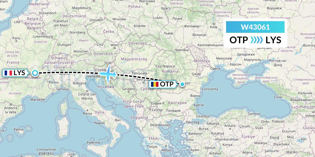 W43061 Wizz Air Malta Flight Map: Bucharest to Lyon