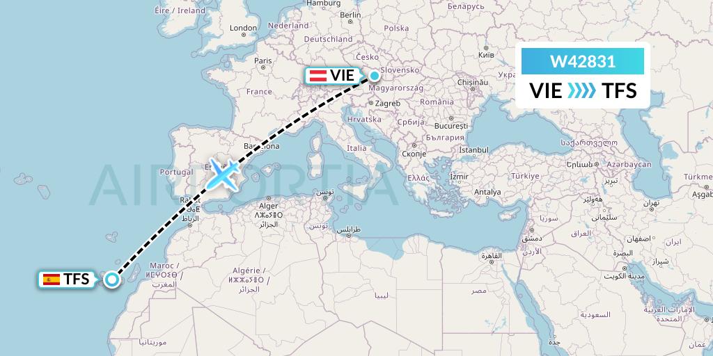 W42831 Wizz Air Malta Flight Map: Vienna to Tenerife