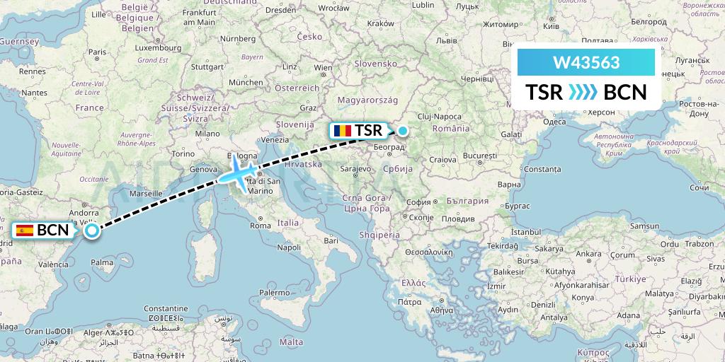 W43563 Wizz Air Malta Flight Map: Timisoara to Barcelona
