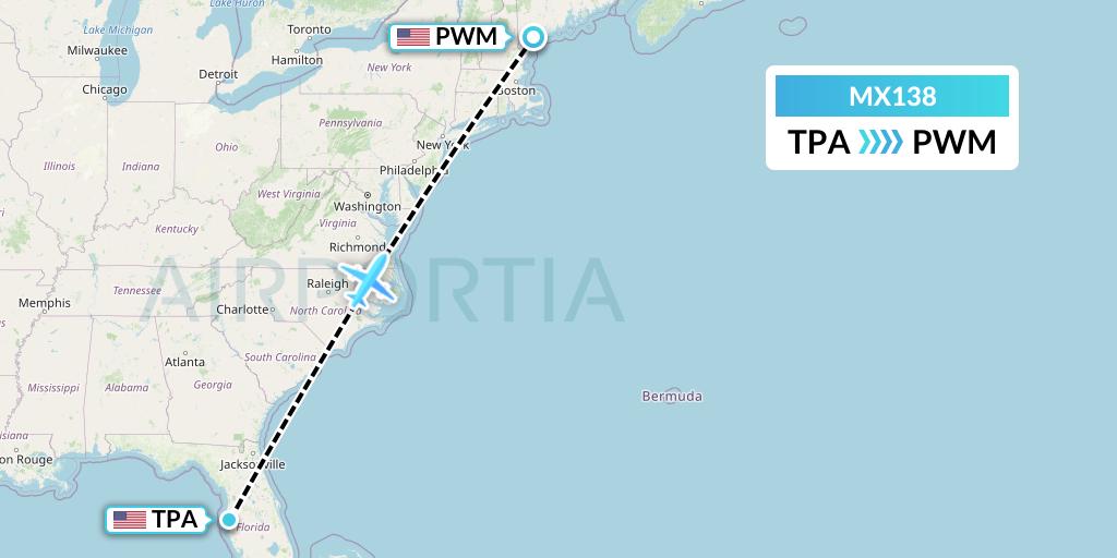 MX138 Breeze Airways Flight Map: Tampa to Portland
