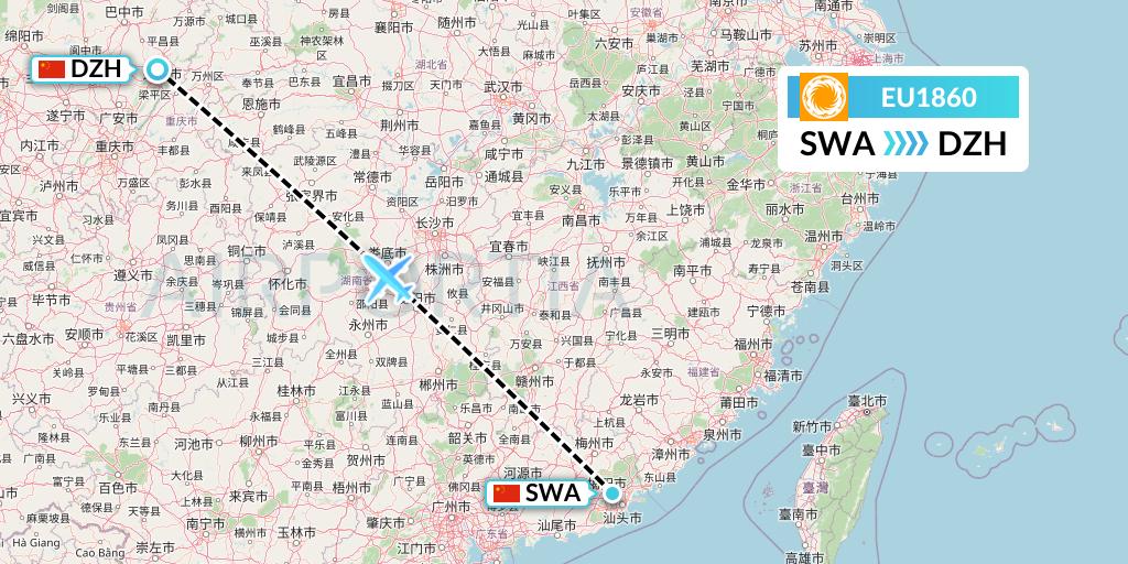 EU1860 Chengdu Airlines Flight Map: Jieyang to Dazhou