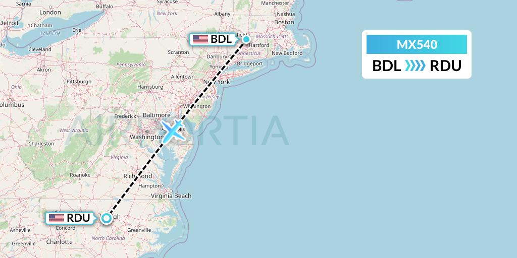 MX540 Breeze Airways Flight Map: Windsor Locks to Raleigh-Durham
