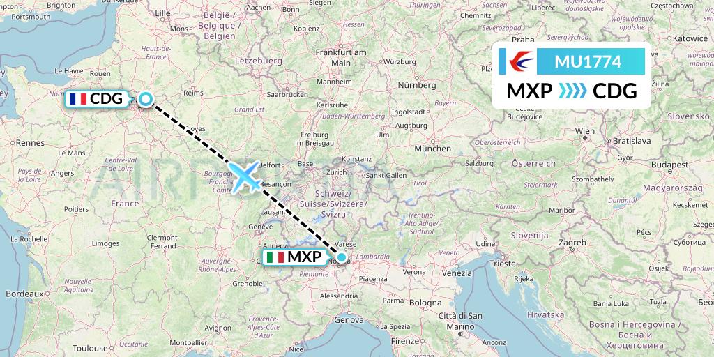 MU1774 China Eastern Airlines Flight Map: Milan to Paris