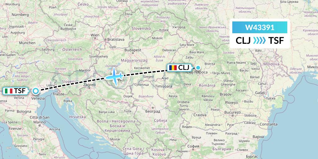 W43391 Wizz Air Malta Flight Map: Cluj-Napoca to Treviso
