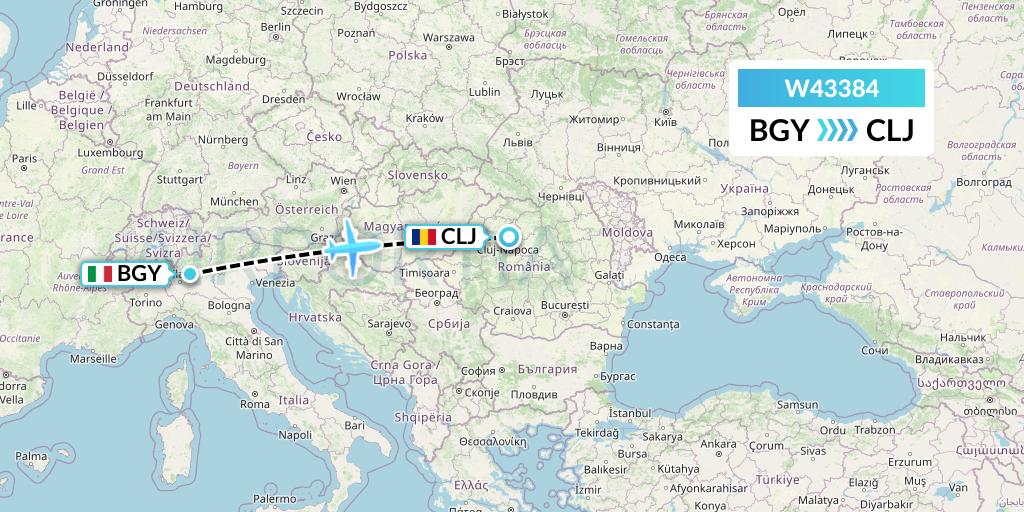 W43384 Wizz Air Malta Flight Map: Milan to Cluj-Napoca