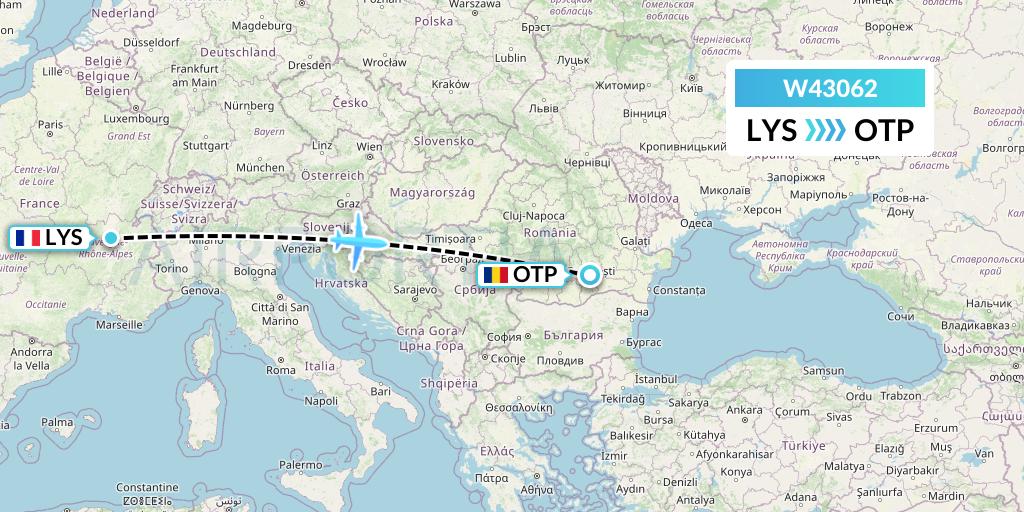 W43062 Wizz Air Malta Flight Map: Lyon to Bucharest