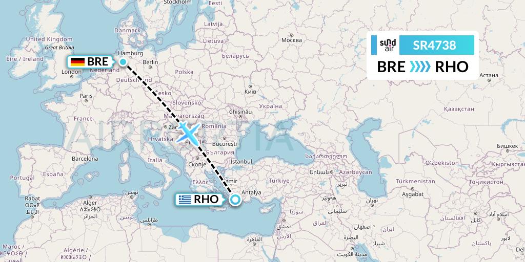 SR4738 SundAir Flight Map: Bremen to Rhodes