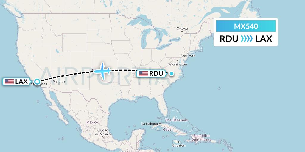 MX540 Breeze Airways Flight Map: Raleigh-Durham to Los Angeles