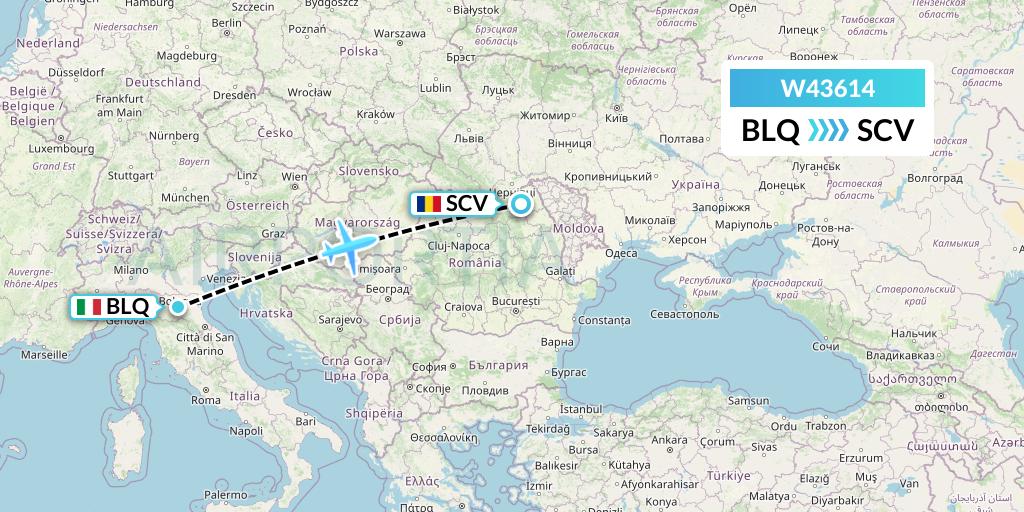 W43614 Wizz Air Malta Flight Map: Bologna to Suceava