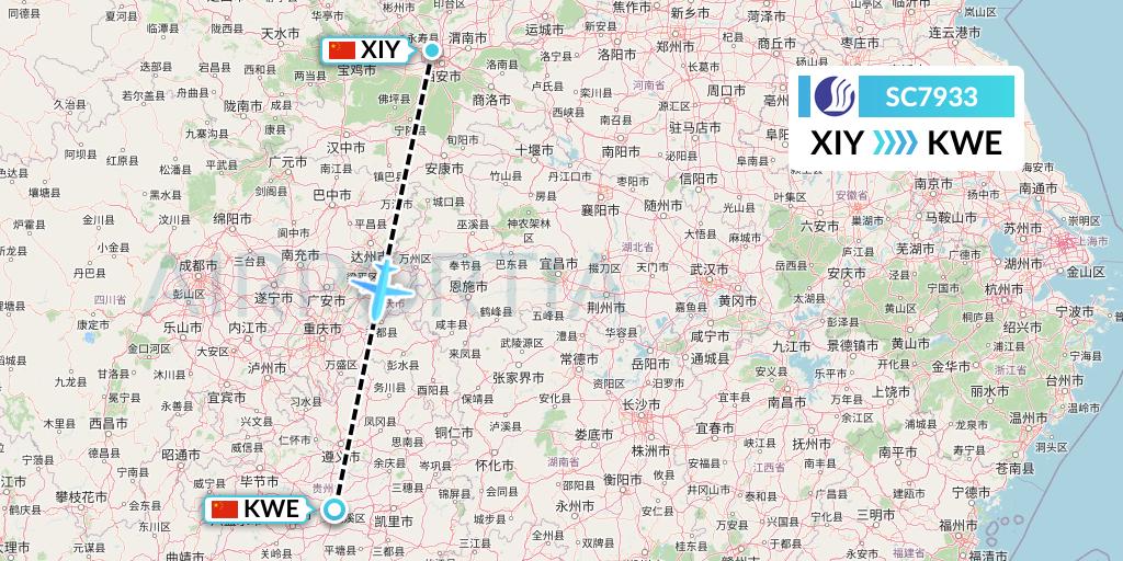 SC7933 Shandong Airlines Flight Map: Xi'an to Guiyang