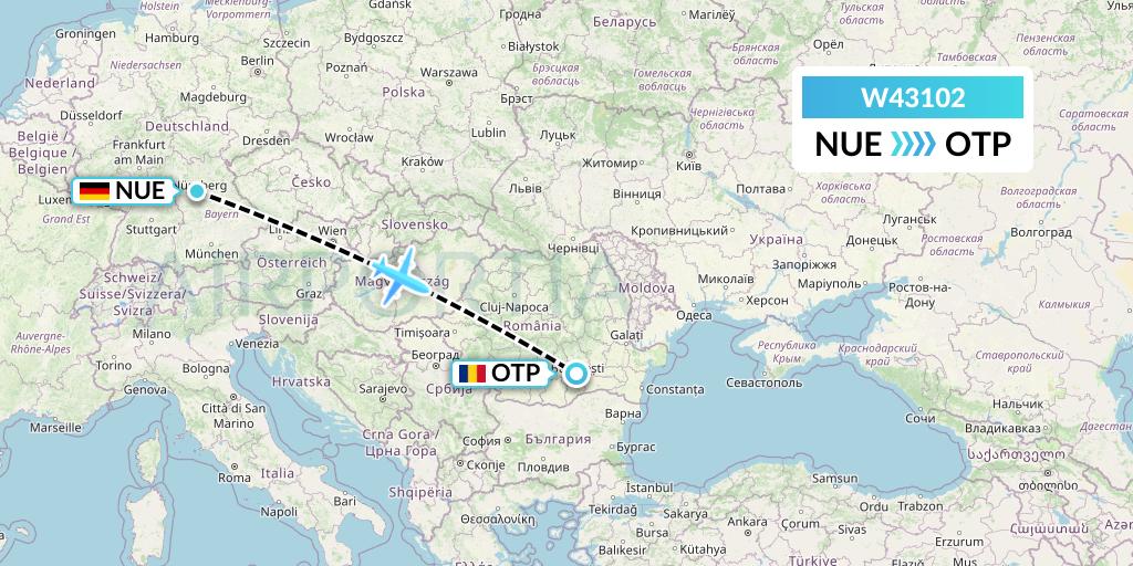 W43102 Wizz Air Malta Flight Map: Nurnberg to Bucharest