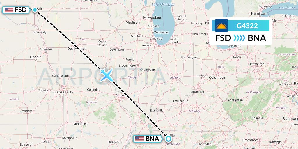 G4322 Allegiant Air Flight Map: Sioux Falls to Nashville