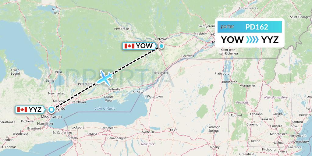 PD162 Porter Airlines Flight Map: Ottawa to Toronto