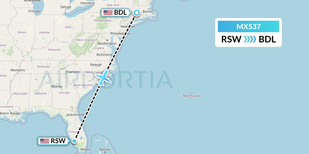 MX537 Breeze Airways Flight Map: Fort Myers to Windsor Locks