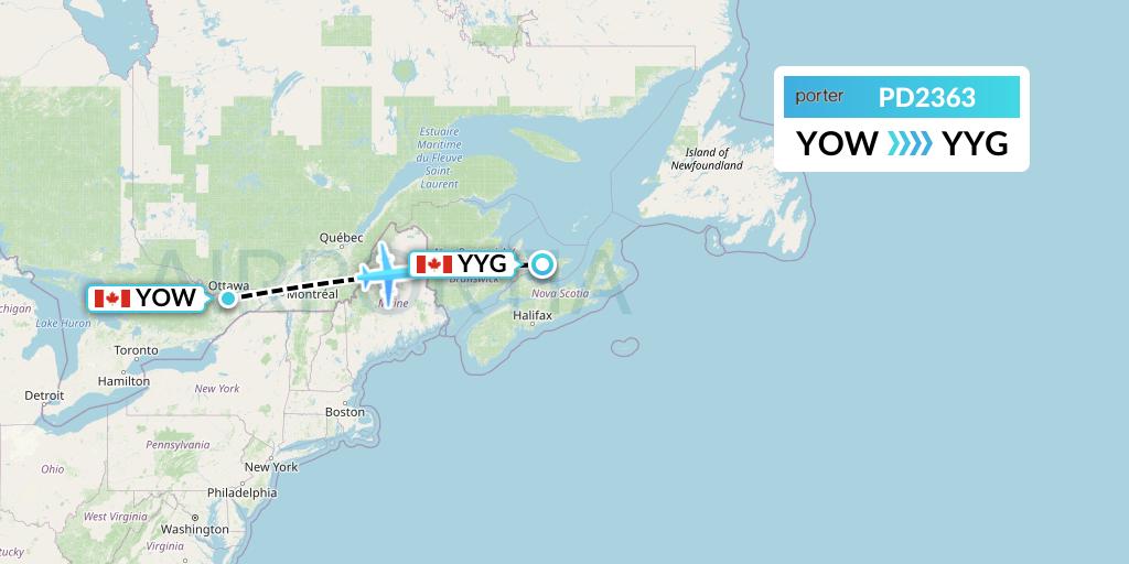 PD2363 Porter Airlines Flight Map: Ottawa to Charlottetown