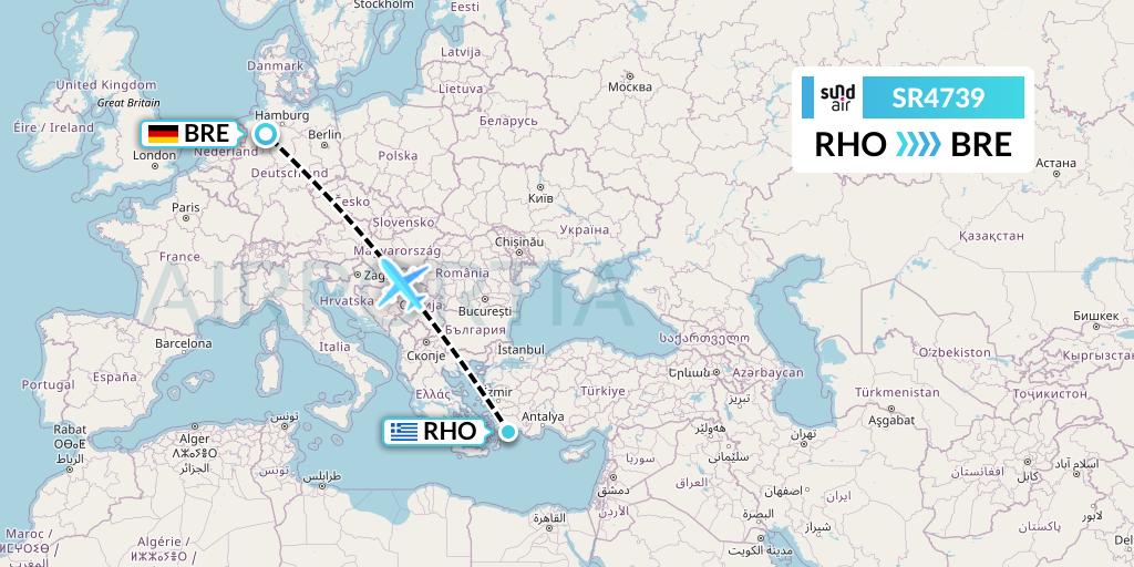SR4739 SundAir Flight Map: Rhodes to Bremen