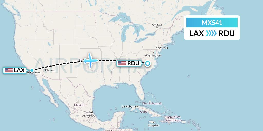 MX541 Breeze Airways Flight Map: Los Angeles to Raleigh-Durham