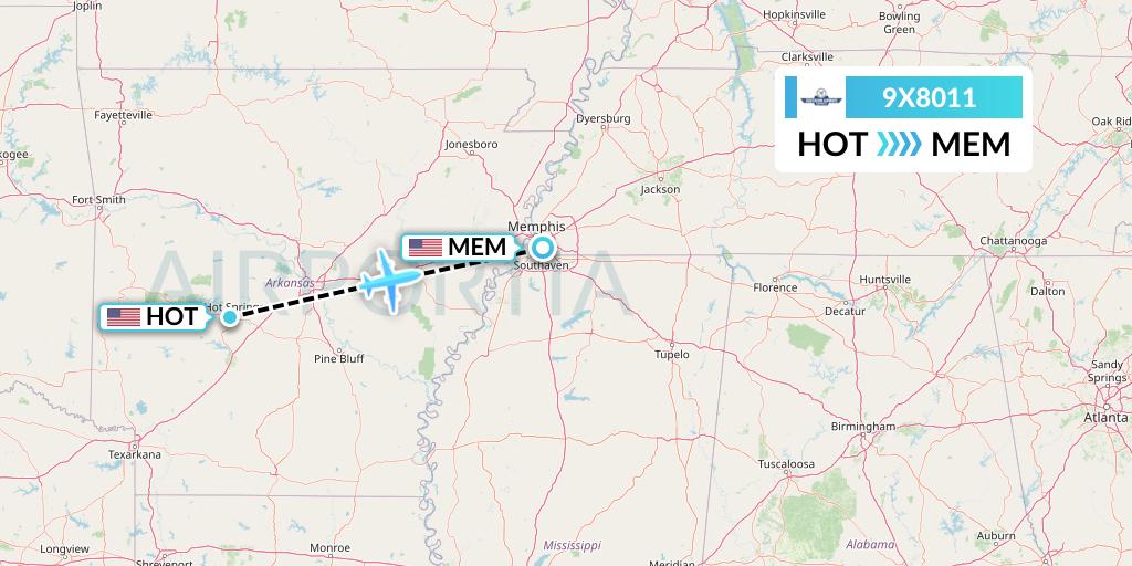 9X8011 Southern Airways Express Flight Map: Hot Springs to Memphis