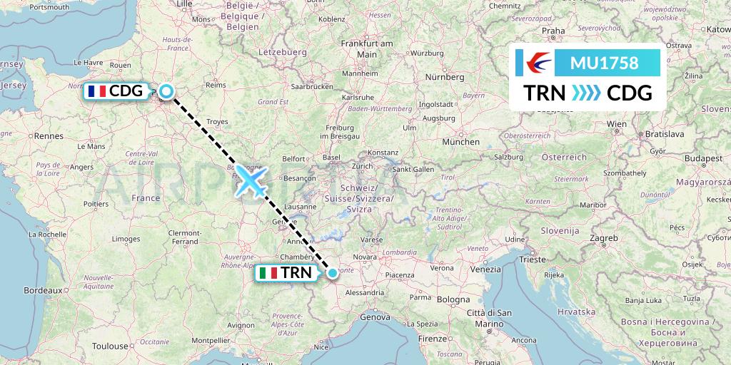 MU1758 China Eastern Airlines Flight Map: Turin to Paris