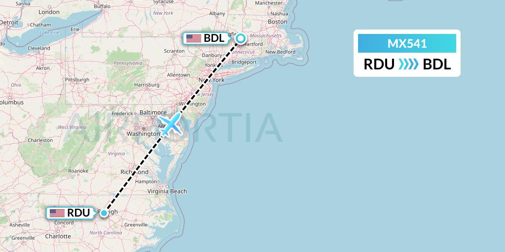 MX541 Breeze Airways Flight Map: Raleigh-Durham to Windsor Locks