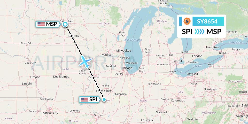 SY8654 Sun Country Airlines Flight Map: Springfield to Minneapolis