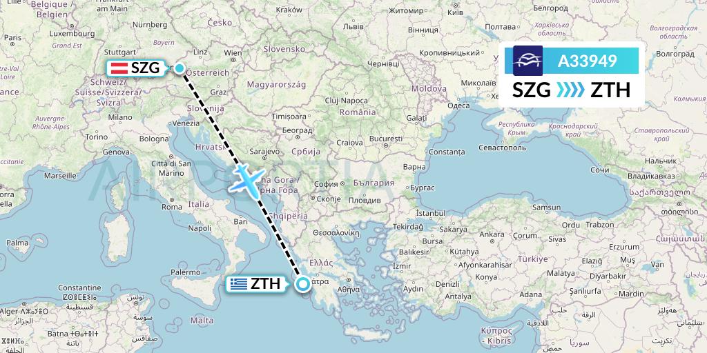 A33949 Aegean Airlines Flight Map: Salzburg to Zakynthos