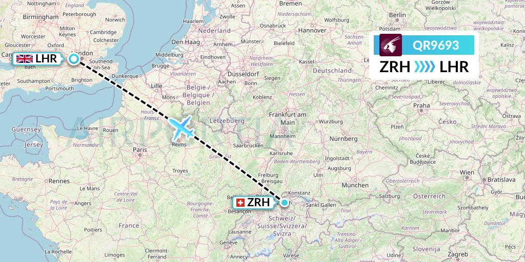 QR9693 Qatar Airways Flight Map: Zurich to London