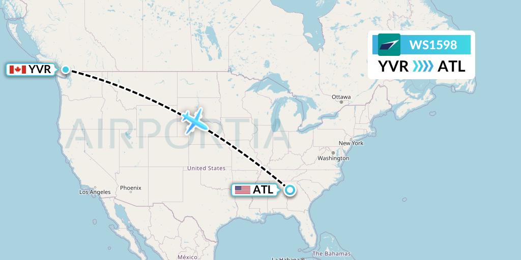 WS1598 WestJet Flight Map: Vancouver to Atlanta
