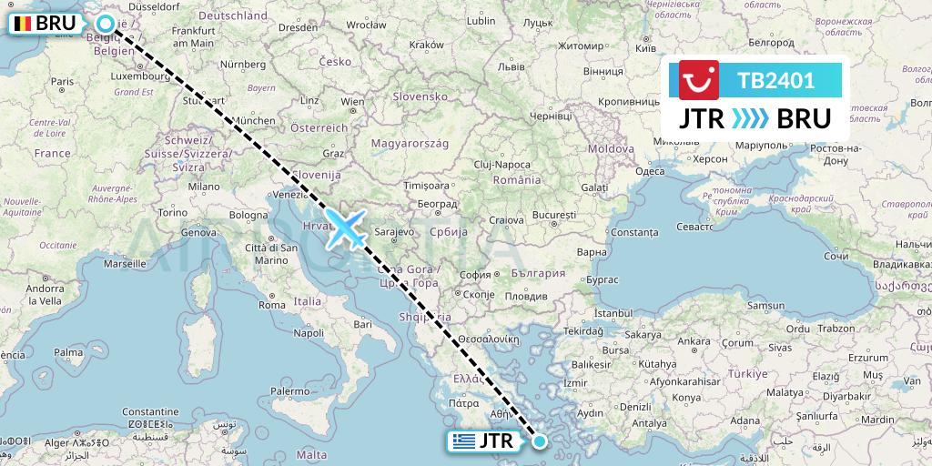 TB2401 TUI fly Belgium Flight Map: Santorini to Brussels