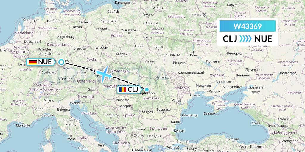 W43369 Wizz Air Malta Flight Map: Cluj-Napoca to Nurnberg