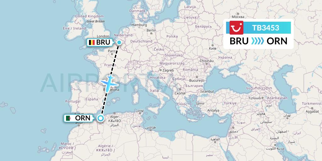 TB3453 TUI fly Belgium Flight Map: Brussels to Oran