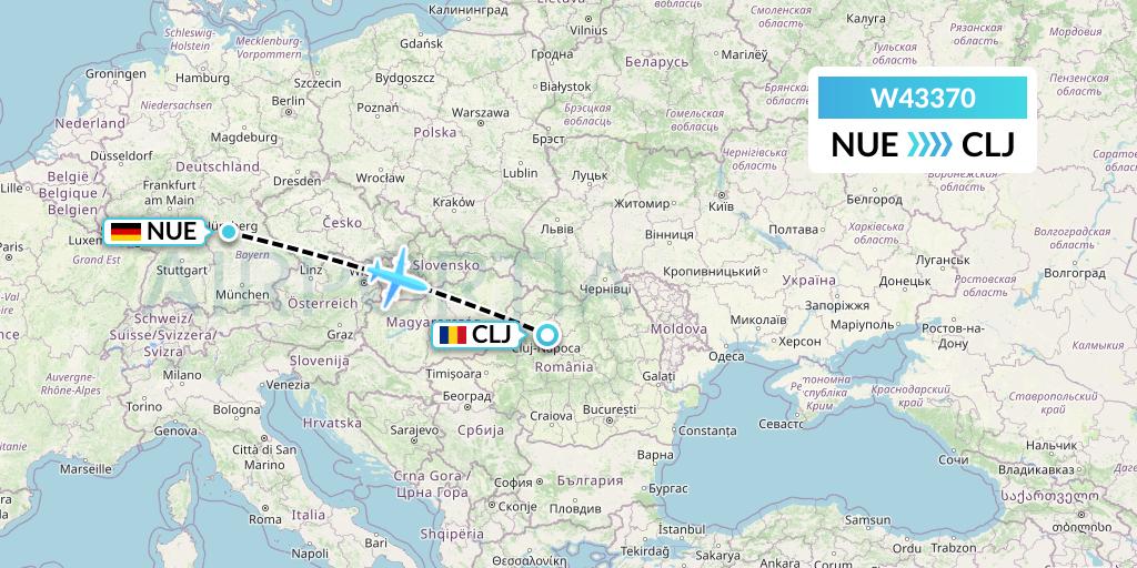W43370 Wizz Air Malta Flight Map: Nurnberg to Cluj-Napoca