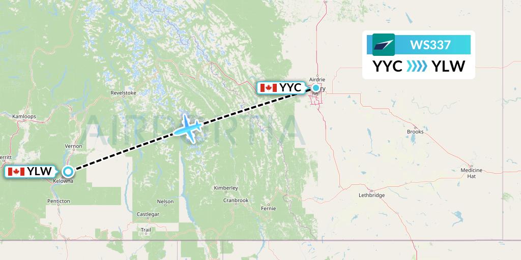 WS337 WestJet Flight Map: Calgary to Kelowna