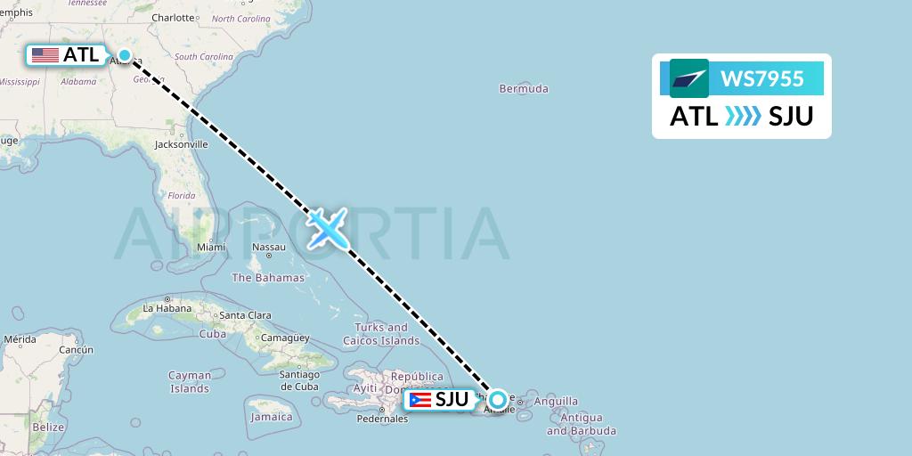 WS7955 WestJet Flight Map: Atlanta to San Juan
