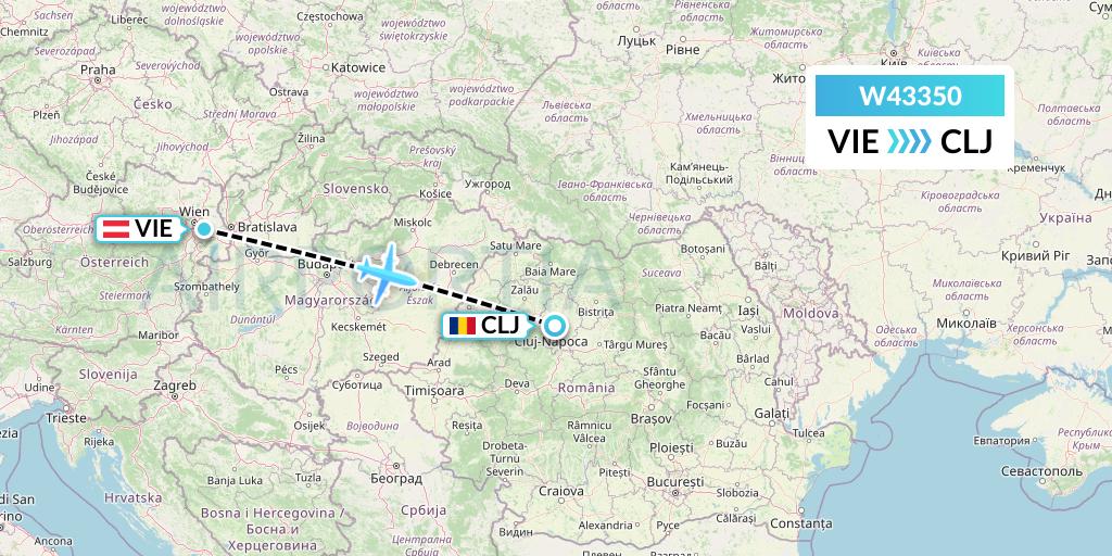 W43350 Wizz Air Malta Flight Map: Vienna to Cluj-Napoca