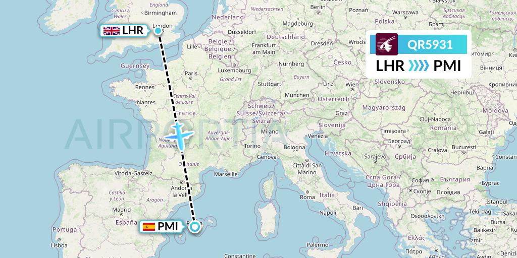 QR5931 Qatar Airways Flight Map: London to Palma de Mallorca
