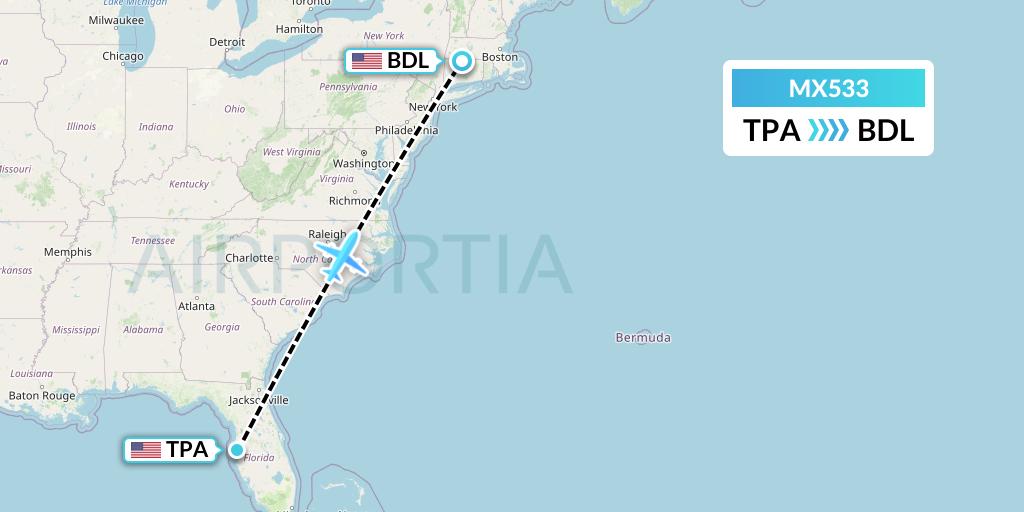 MX533 Breeze Airways Flight Map: Tampa to Windsor Locks